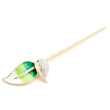 LUX Swarovski Rhinestone Enamel Leaves Hair Stick Green